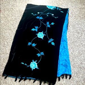 Black Velvet Scarf with Blue Floral Embroidery